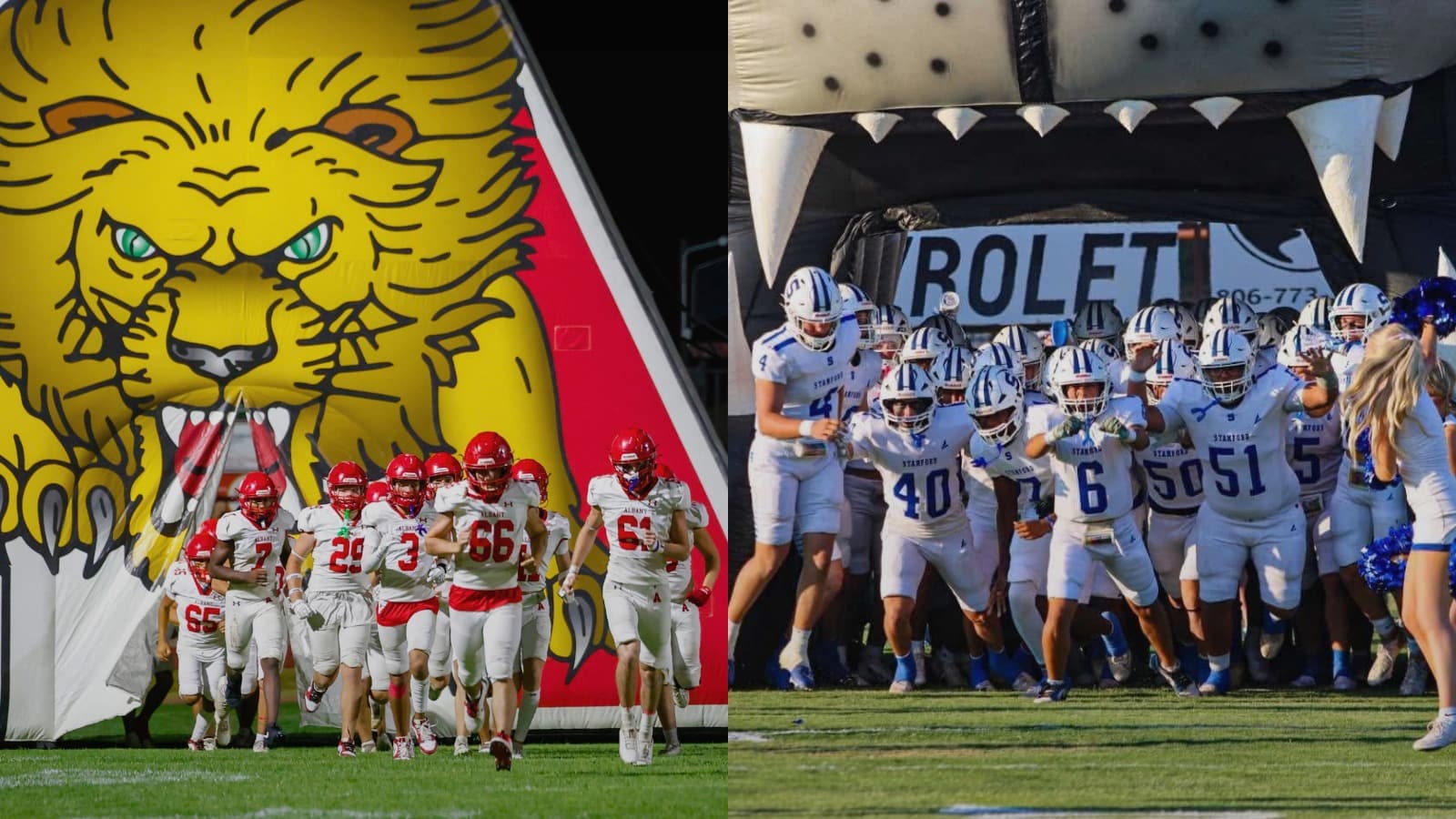 Albany Lions and Stamford Bulldogs football teams running onto the field beneath their inflatable team entrances.