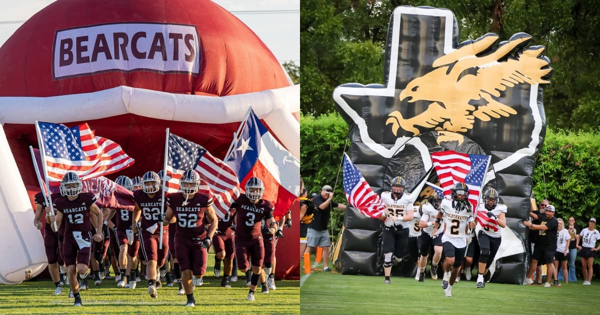 De Leon Bearcats and Goldthwaite Eagles football teams taking the field before their respective games.