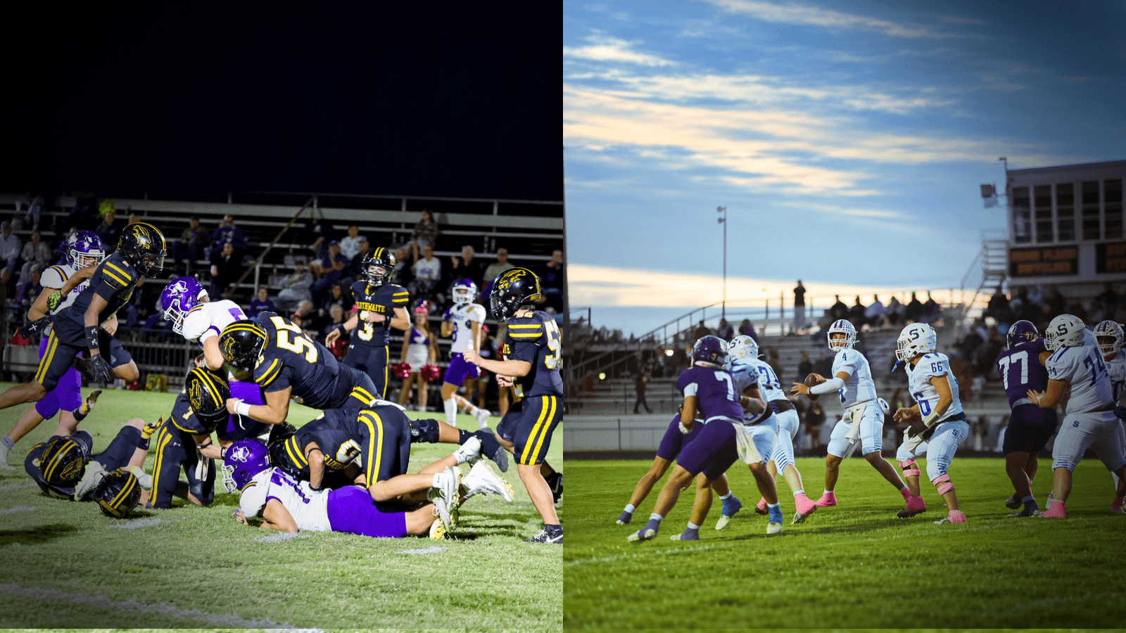 Goldthwaite defenders make a tackle at left, alongside Stamford quarterback Miles Follis preparing to throw at right.