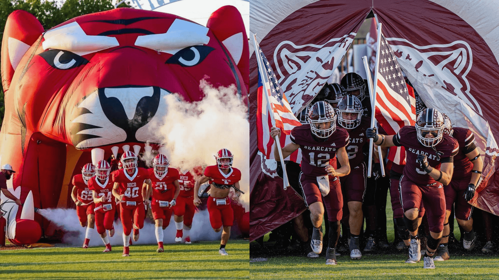 Hico Tigers and De Leon Bearcats football teams entering the field before their games.
