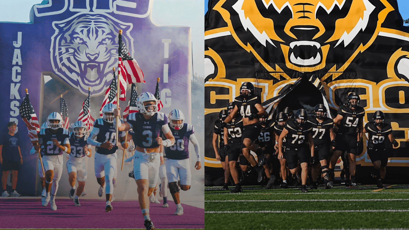 Jacksboro Tigers and Cisco Loboes football teams take the field in a side-by-side Game of the Week photo.