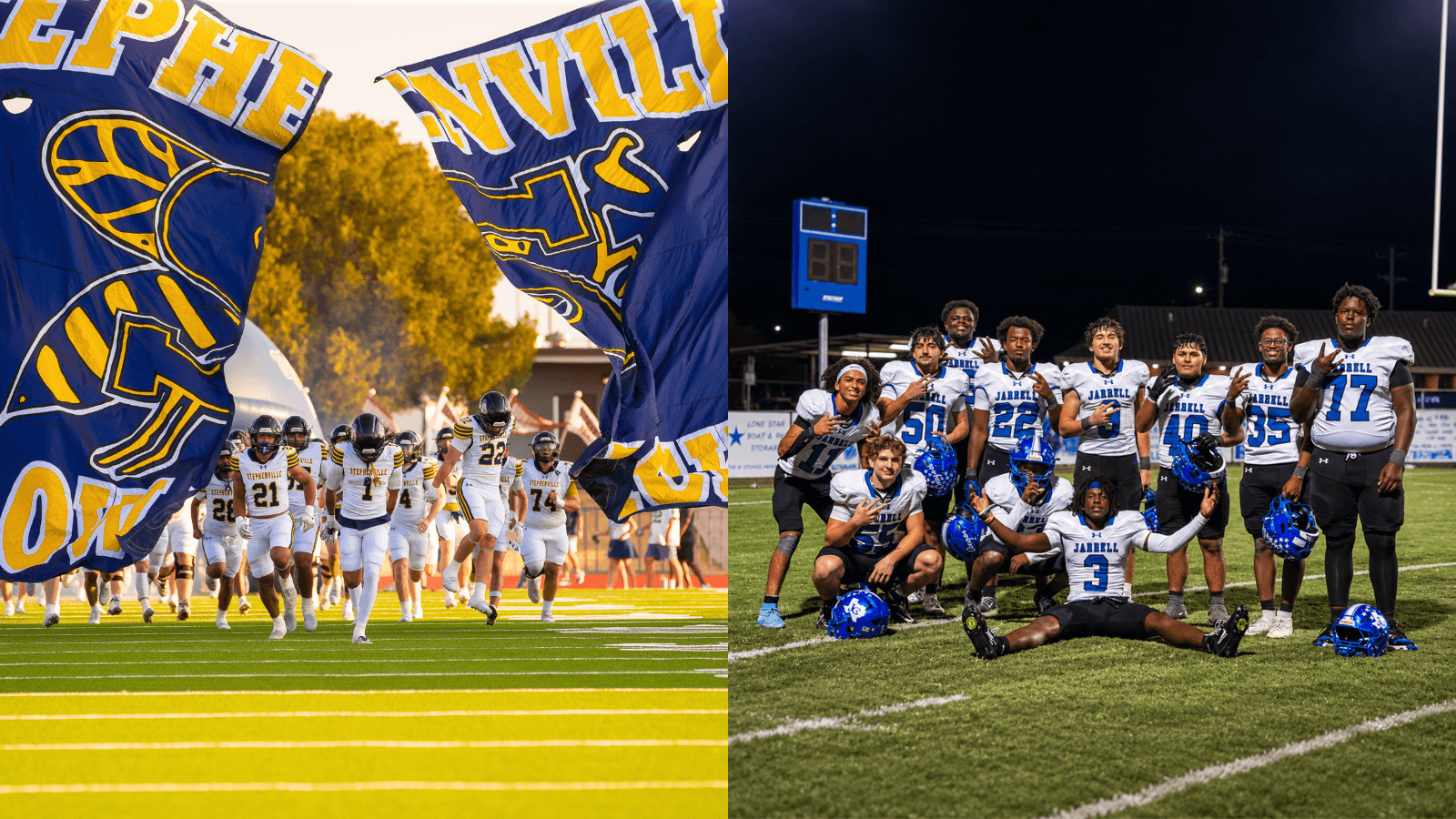Stephenville Yellow Jackets take the field alongside a Jarrell Cougars team photograph.